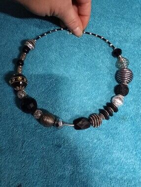 Black and Silver Beaded Statement Necklace On Memory Wire